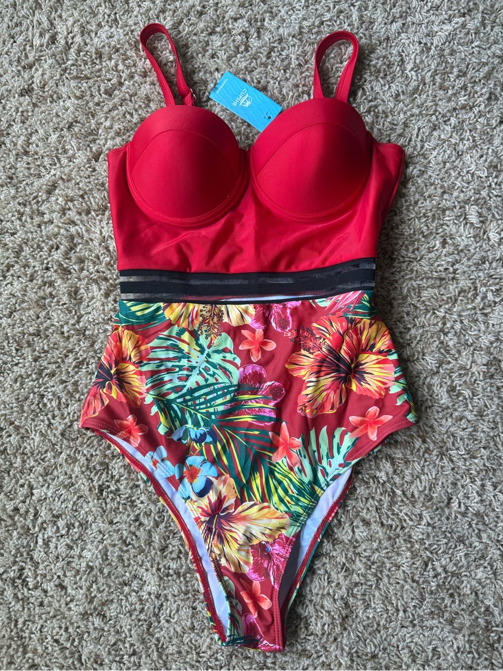 Cupshe Red Tropical Floral One-Piece Swimsuit with Black Waistband